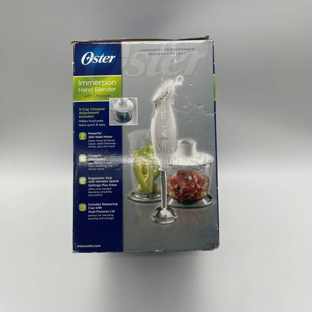 Oster 250W Immersion Hand Blender with 3-Cup Chopper and Measuring Cup - White